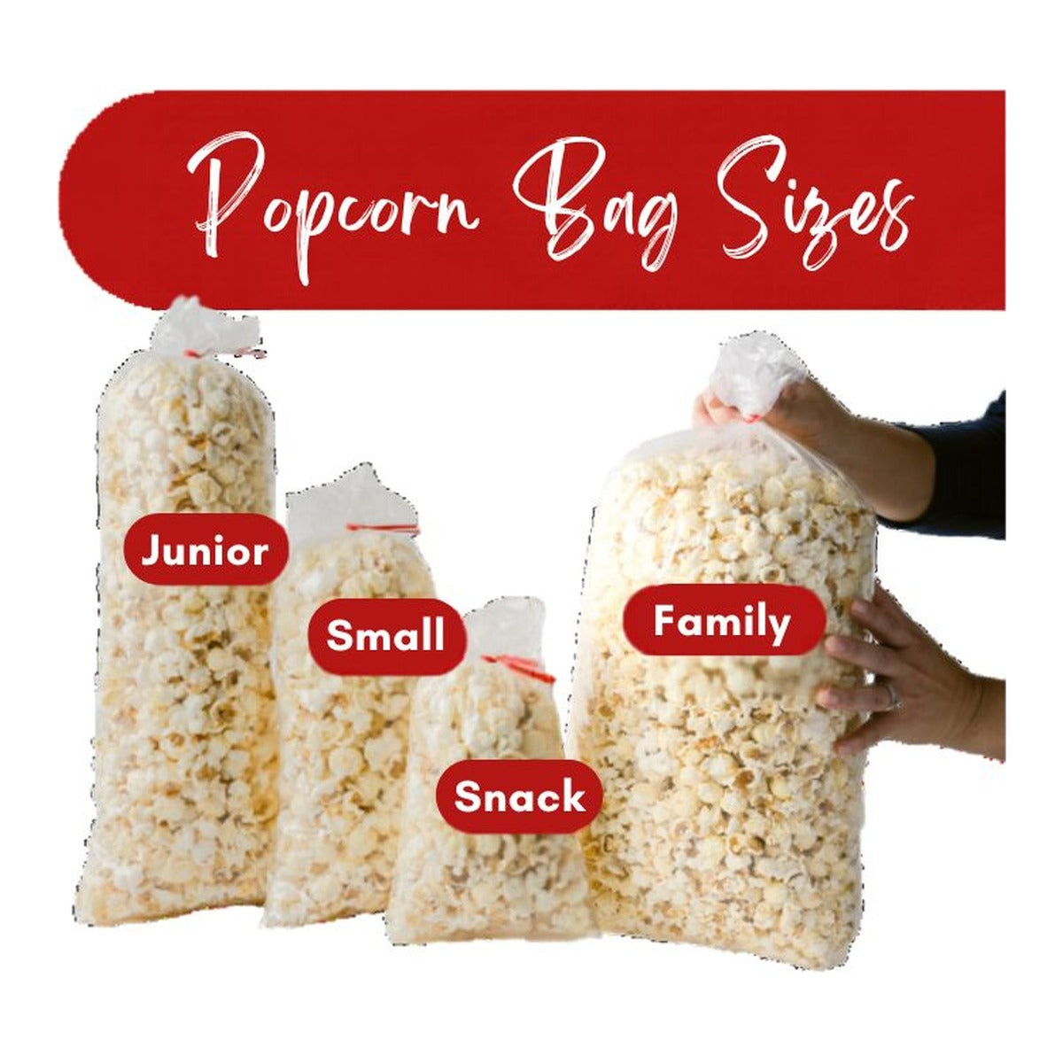 Northern Neck Popcorn Bag sizes: Snack, Small, Junior and Family bags compared